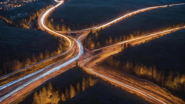 Lichtpaden van bovenaf op een route heen en weer