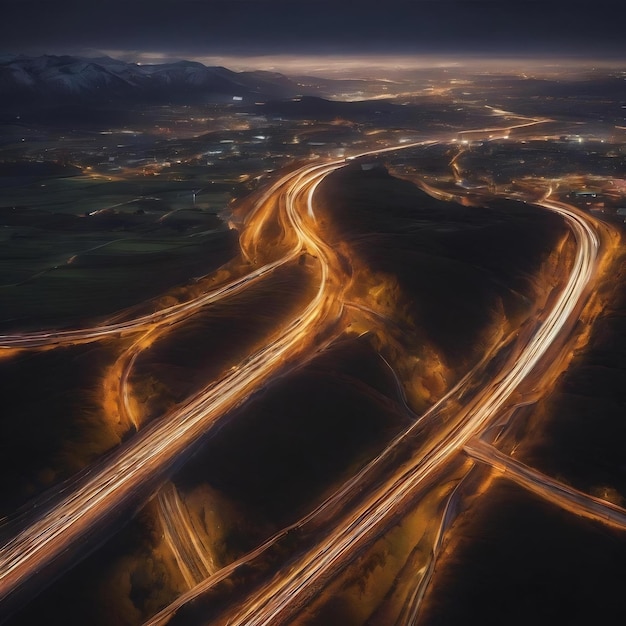 Lichtpaden van bovenaf op een route heen en weer