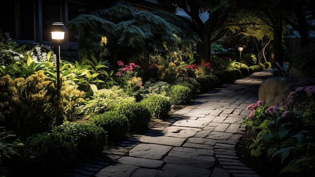 Lichtpunten in de tuin die paden in het donker markeren