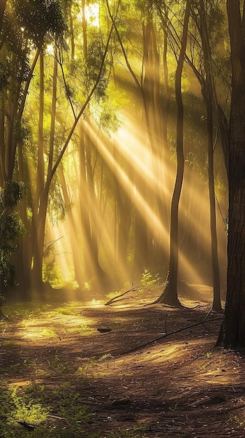 lichtstralen in het bos HD 8K behang