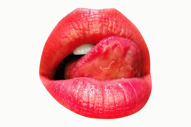 Lick lip tongue isolated on white female mouth isolated with red lipstick and tongue licking lips