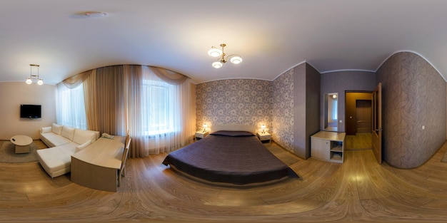 LIDA 벨로루시 2012년 3월 18일 어두운 스타일의 호텔에 있는 작은 침실의 파노라마 360 각도 보기 전체 360 x 180도 원활한 등방형 등거리 구형 파노라마 VR 콘텐츠