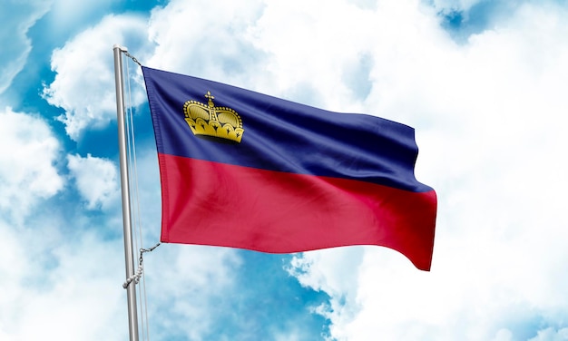 Liechtenstein flag waving on sky background 3D Rendering