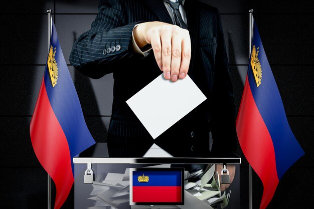 Foto bandiere del liechtenstein mano che fa cadere la carta di voto elezione concetto 3d'illustrazione