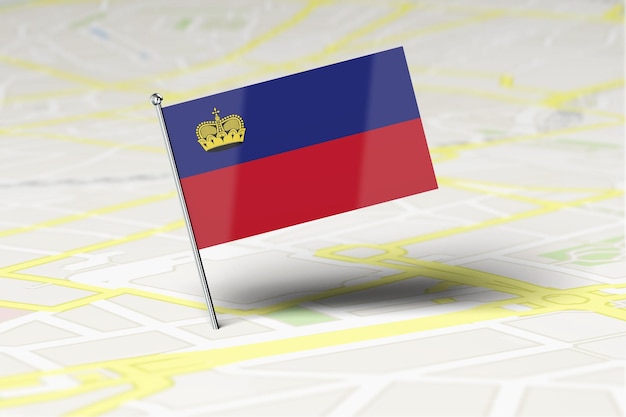 Булавка с изображением национального флага Лихтенштейна застряла в дорожной карте города 3D рендеринг