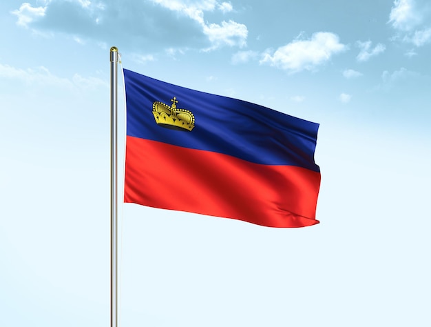 Liechtenstein nationale vlag zwaaien in blauwe lucht met wolken Liechtenstein vlag 3D illustratie