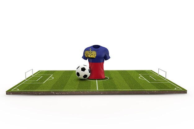 Liechtenstein voetbalshirt nationale vlag op een voetbalveld 3D Rendering