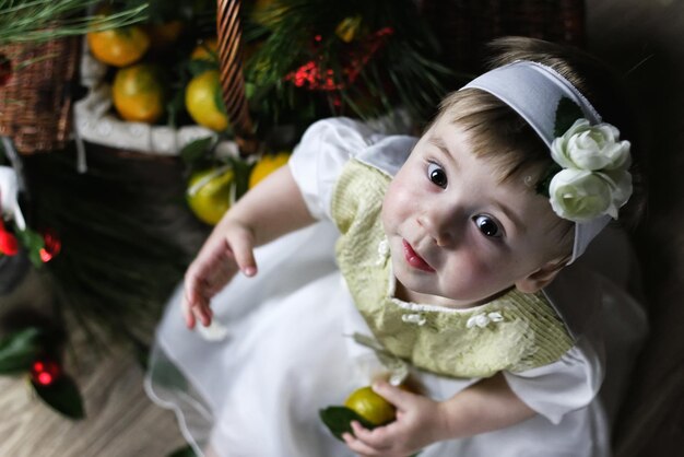 Lief klein meisje in een jurk met kerstmand