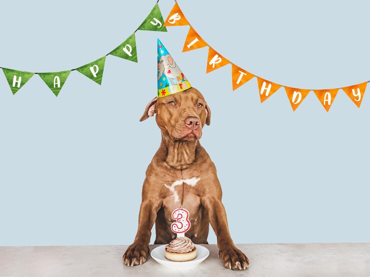 Foto lief mooi bruin puppy en feestmuts