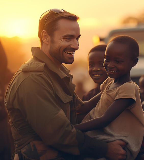 Liefdadigheidswerker die met kinderen uit een arme Afrikaanse gemeenschap speelt