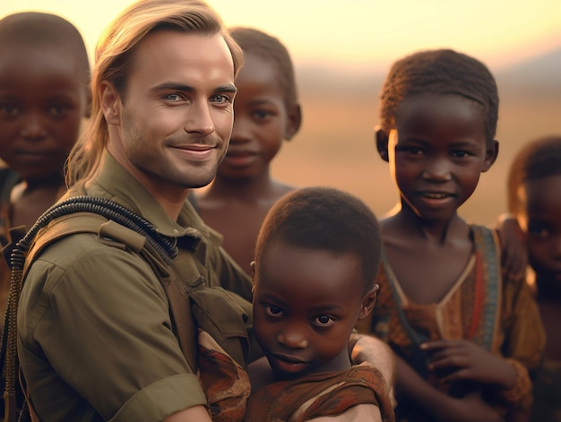 Liefdadigheidswerker die met kinderen uit een arme Afrikaanse gemeenschap speelt