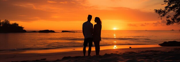 Liefde aan het strand Silhouetted paar koesteren een romantisch moment in de schemering