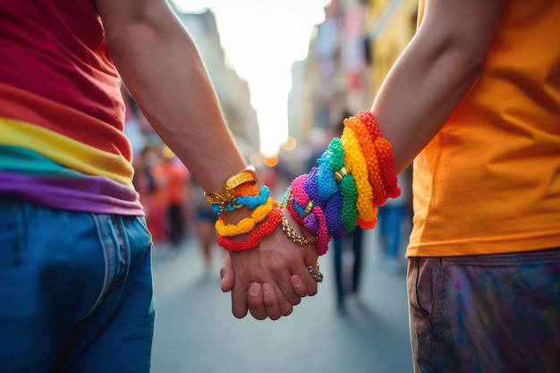 Liefde, acceptatie en gelijkheid door een koppel van hetzelfde geslacht met handen vast te houden en trots te zijn op hun identiteit.