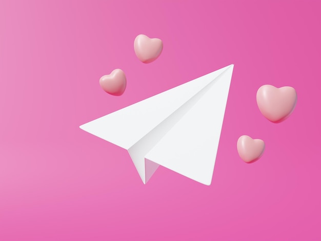 Liefde bericht papier vliegtuig en hart roze achtergrond 3d render