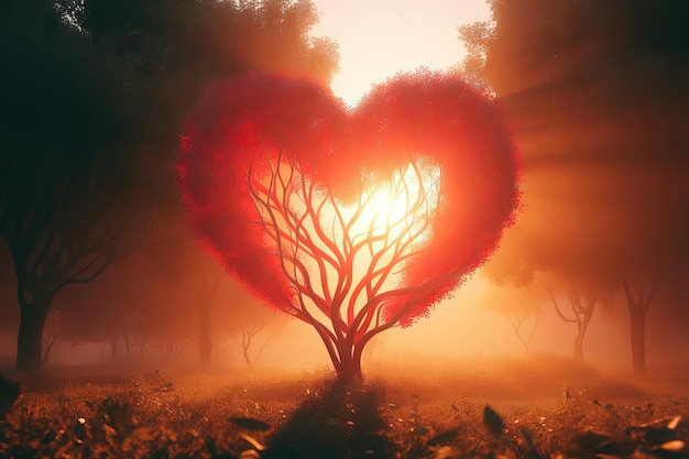 Liefde boom landschap met bomen in de vorm van een rood hart bij zonsondergang valentijnsdag achtergrond