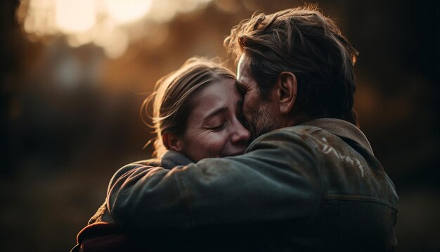 Foto liefde en geluk omarmen dit heteroseksuele stel in natuurschoon gegenereerd door kunstmatige intelligentie