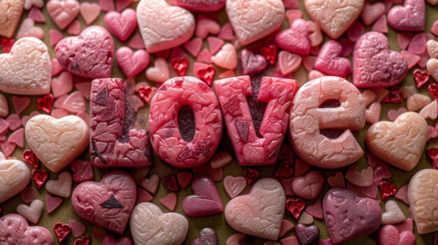 Foto liefde gespeld met hartvormige snoepjes romantisch valentijnsdagconcept