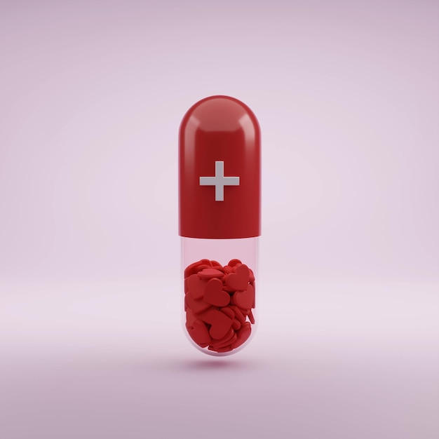 Liefde kan conceptuele capsule geneeskunde pil transparant met interne rode hartvorm genezen 3D-rendering illustratie