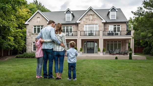 Foto liefde nieuw huis en familie staan in hun achtertuin kijken naar hun eigendom of luxe onroerend goed