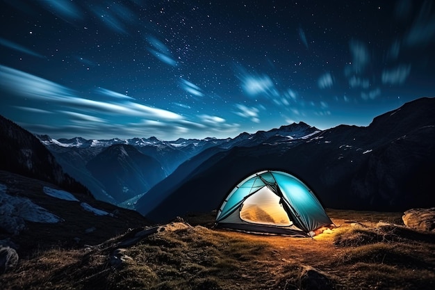 Liefde om naar de bergen te reizen een eenzame tent die binnen gloeit onder de sterrenhemel hoog in de bergen