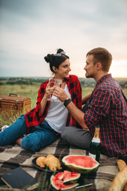 Liefde paar drinkt wijn, picknick in zomer veld