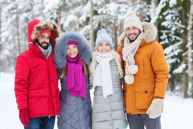 liefde, relatie, seizoen, vriendschap en mensenconcept - groep glimlachende mannen en vrouwen die in het winterbos lopen