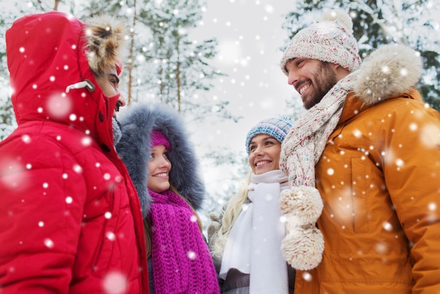 liefde, relatie, seizoen, vriendschap en mensenconcept - groep glimlachende mannen en vrouwen die in het winterbos praten