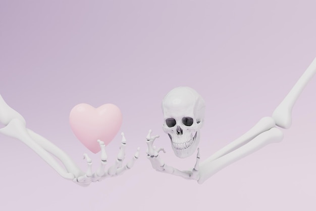 Liefde tot het graf de botten van de handen met het hart en de schedel op een pastelkleurige achtergrond 3D render