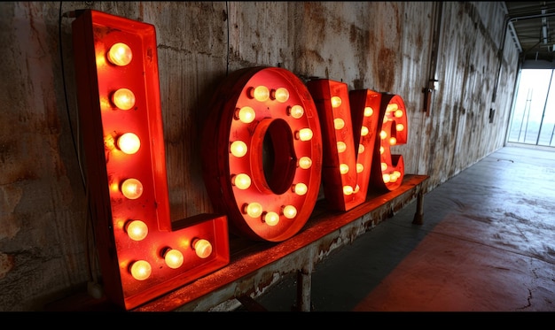 Liefde valentijnsdag boodschap in verlichte vintage stijl broadway display lettering