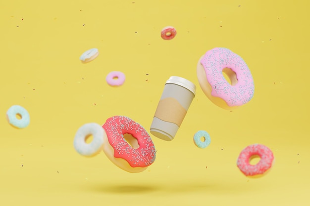 Liefde voor fastfood een glas koffie en donuts met veelkleurig glazuur dat op een achtergrond vliegt