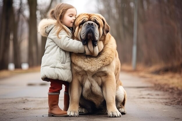 Liefde voor huisdieren concept Klein meisje omhelst haar beste vriend een grote hond tijdens een wandeling in de buitenlucht