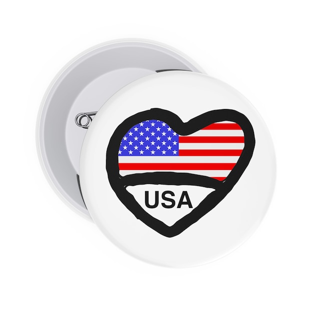 Liefde VS Concept. Witte Pin Badges met hart, Usa vlag en teken op een witte achtergrond. 3D-rendering