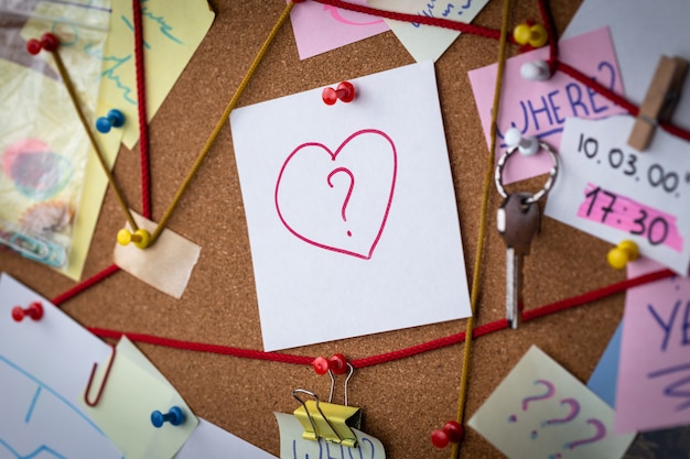 Foto liefde zoeken. close-up beeld van een detective bord met bewijs. in het midden is een wit laken bevestigd met een rode pin met het hartpictogram