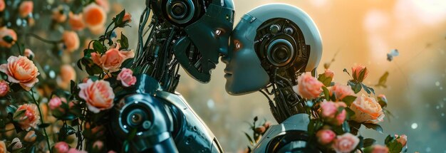 Foto liefde zonder grenzen twee verliefde robots knuffelen tussen bloemen generatieve ai