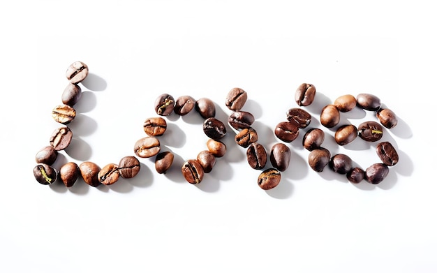Foto liefdesbord met koffiebonen op een witte achtergrond