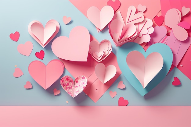 liefdesbrief envelop vol met papieren ambachtelijke harten plat lag op roze valentijnskaarten of jubileum achtergrond met kopieerruimte
