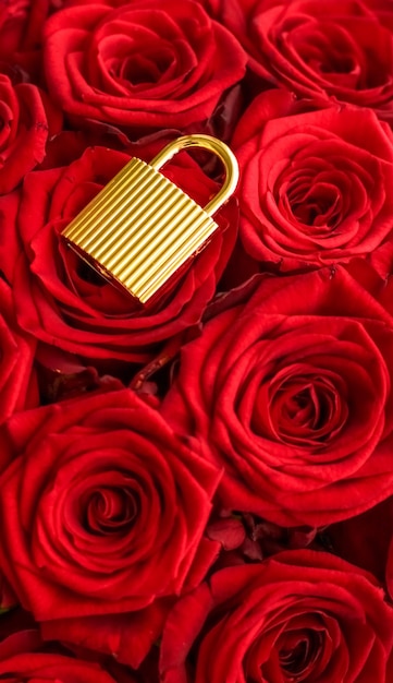 Liefdeslot voor Valentijnsdag kaart gouden hangslot en luxe boeket rozen op rode achtergrond