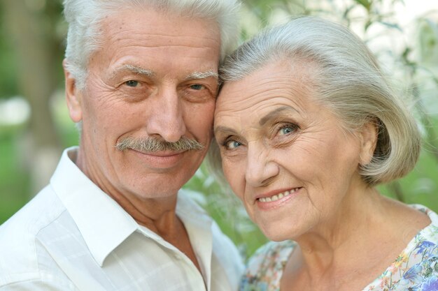 Liefdevol volwassen koppel op een wandeling in het park in de zomer