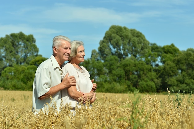 Liefdevol volwassen stel in het veld in de zomer