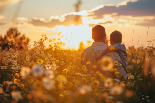 Liefdevolle familieband op een veld bij zonsondergang Generatieve Ai