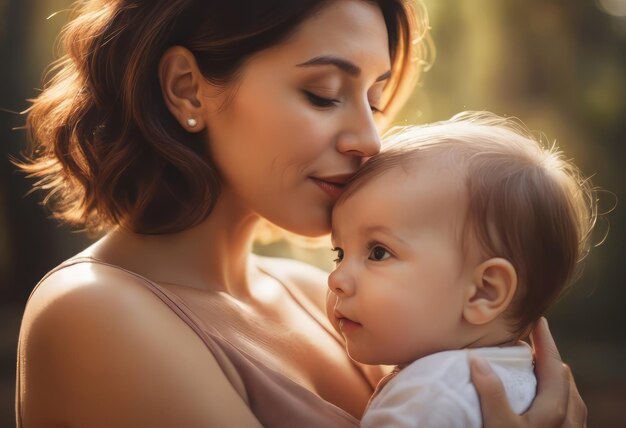 Foto liefdevolle moeder die haar pasgeboren baby thuis draagt helder portret van een gelukkige moeder die haar slapende baby in haar handen houdt moeder die haar kleine zoon van twee maanden omhelst