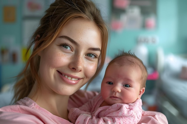 Foto liefdevolle moeder die haar pasgeboren baby thuis draagt helder portret van gelukkige moeder die slaapt