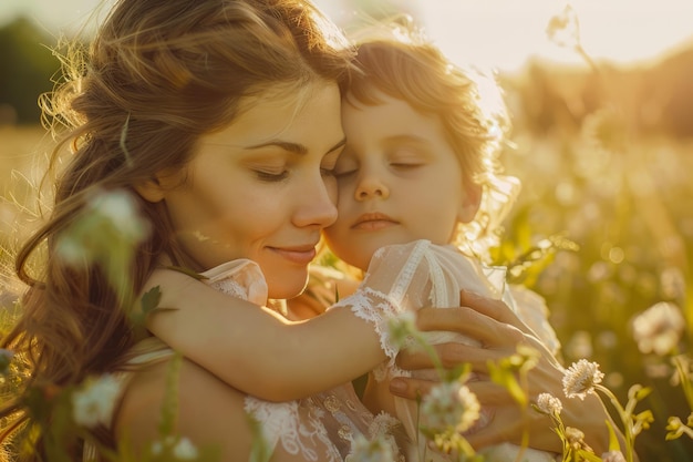 Liefdevolle moeder omhelst haar kind in een zonnig veld Warme tedere momenten Gouden uur genegenheid