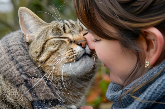 Liefdevolle moment tussen vrouw en tabby kat liefhebbende huisdiereigenaar die zich verbindt met kattenvriend buiten