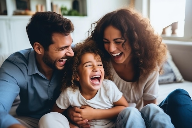 Liefdevolle ouders die plezier hebben met hun kinderen in de woonkamer thuis.