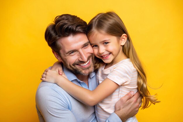 Foto liefdevolle vader close-up met dochter gele achtergrond studio shot speelse interactie