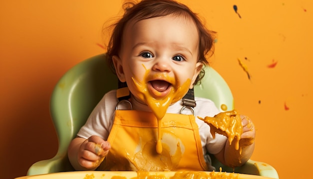 Lieve babymeisje spelen met eten in hoge stoel glimlachend gegenereerd door AI