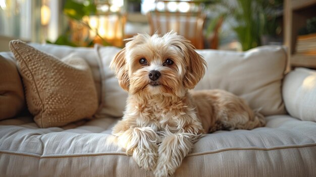 Lievelingshond ligt op de bank in de woonkamer De moeilijkheden van het houden van een hond in het huis