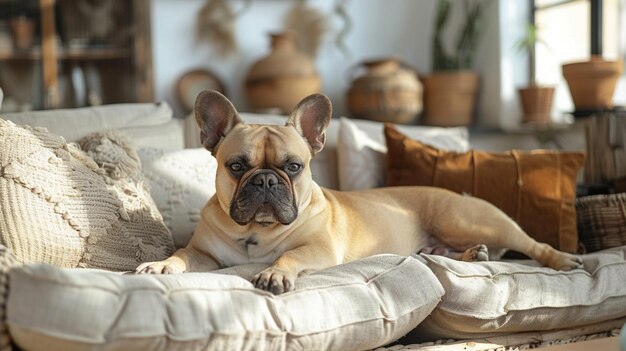 Foto lievelingshond ligt op de bank in de woonkamer de moeilijkheden van het houden van een hond in het huis