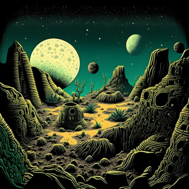 Life on another planet moon dig site pattern illustration